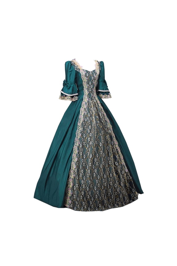 Victorian Dress for Women Renaissance Costume Masquerade Ball Gown Lace Overlay Floor Length Dress with Bell Sleeves 2025 Blue,XL