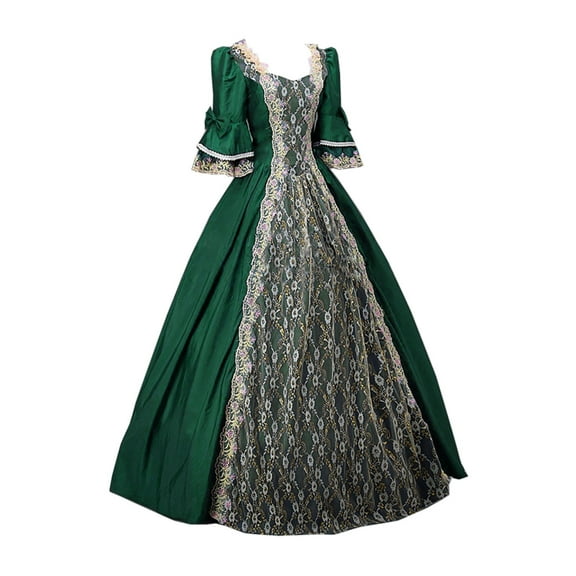nerohusy Victorian Dress for Women Renaissance Costume Masquerade Ball Gown Lace Overlay Floor Length Dress with Bell Sleeves 2025 Green,XXXXL