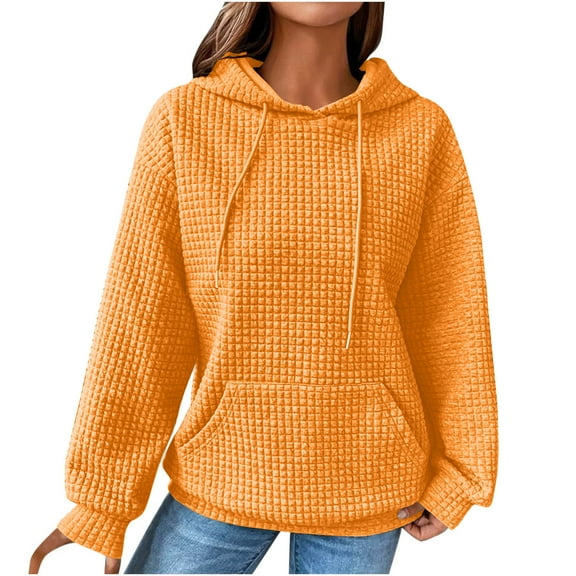 nerohusy Waffle Knit Hoodies for Women Casual Pullover Long Sleeve Drawstring Oversized Hooded Sweatshirt with Pocket Gold,XL