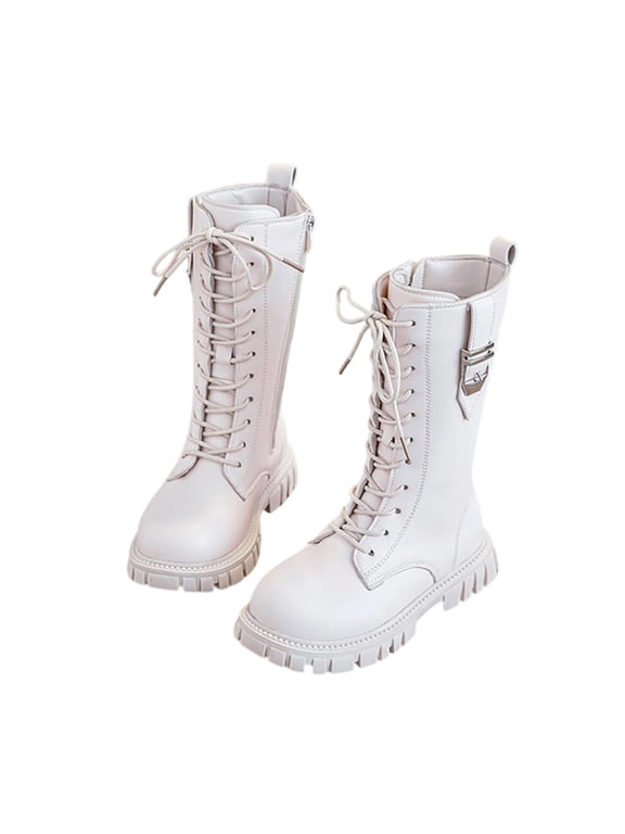 Waterproof Girls Lace Up Riding Boots Mid Calf PU Leather Side Zipper Punk Goth Lug Sole Fashion Boots Beige 4-4.5Years