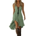 thumbnail image 1 of nerohusy Western Sun Dresses for Women Cowgirl Dress Ladies Deep V Neck Spaghetti Strap Ruffle High Low Lace Dresses Green,S, 1 of 7