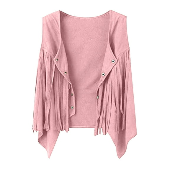 nerohusy Western Tassel Jacket for Boys - Girls Kids Cowgirl Fringe Suede Open Front Cowboy Party Dress Up Waistcoat Vest Pink,9 Years