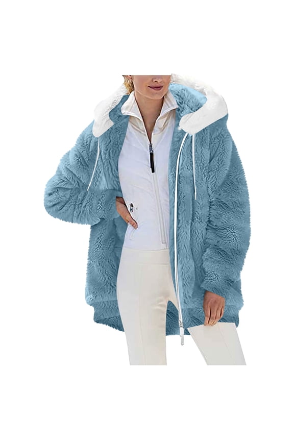 Winter Coats for Women 2025 Soft Comfy Fuzzy Fleece Zip Up Jacket Hooded Drawstring Warm Outerwear Sherpa Jackets with Pockets Blue,XXL
