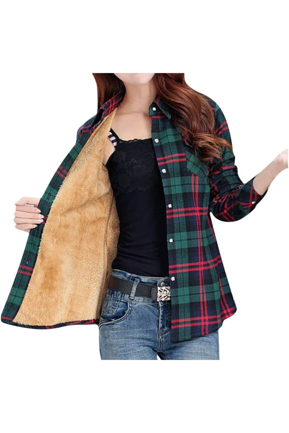 Winter Flannel Women's Button Down Jacket - Plaid Fleece Lined Warm Plush Long Sleeve Lapel Shirts Coats with Pocket Green,S