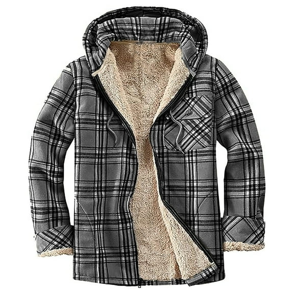 nerohusy Winter Warm Plaid Women's Jacket - Sherpa Lined Zip Up Hooded Flannel Fleece Shacket with Pockets Black,S