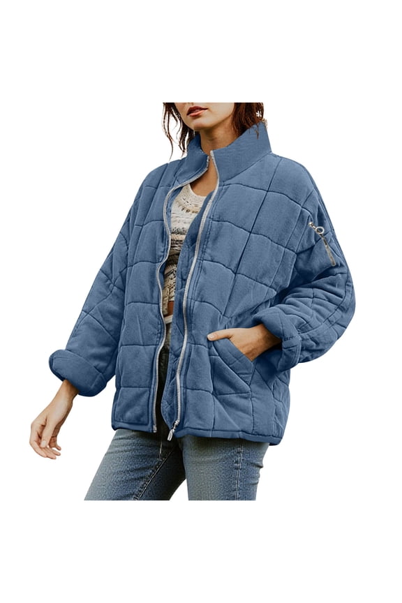 Winter Warm Quilted Jackets - Womens Casual Lightweight Zipper Long Sleeve Navy,XL
