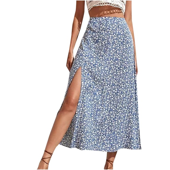 nerohusy Women Boho Floral Slit Maxi Skirt Split Thigh High Waisted Long Skirts Summer Ruffle High Low Beach Wedding Guest Skirts Light Blue,XL