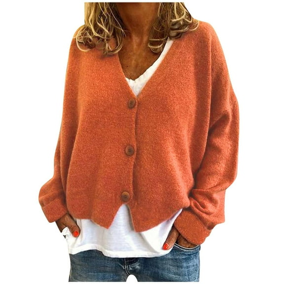 nerohusy Women Crop Knit Cardigan Solid Color Sweater Open Front Fall Buttons Aesthetic Cable Knitted Oversized Sweater Outwear Orange,S