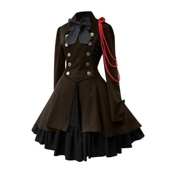 nerohusy Women Gothic Lolita Dress Bow Tie Long Sleeve Multi Layers Classic Steampunk Dress Vintage Cosplay Renaissance Costumes Brown,M