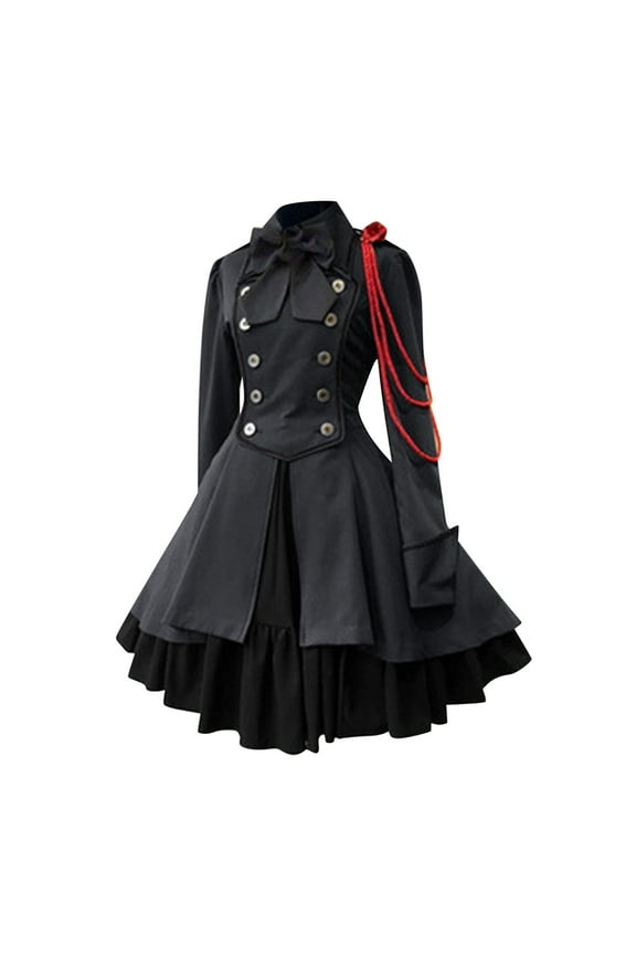 Women Gothic Lolita Dress Bow Tie Long Sleeve Multi Layers Classic Steampunk Dress Vintage Cosplay Renaissance Costumes Gray,M