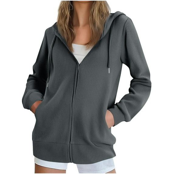 nerohusy Women Hoodie Zip Up Waffle Knit Sweater Oversized Comfort Lightweight Hooded Sweatshirt Jacket Coat with Pockets Dark Gray,M