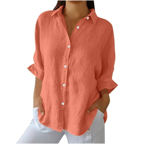 nerohusy Women Linen Button Down Shirt Rolled Cuffed 3/4 Length Sleeve Blouse Ladies Summer Casual V Neck Beach Cotton Tops 2025 Orange,L