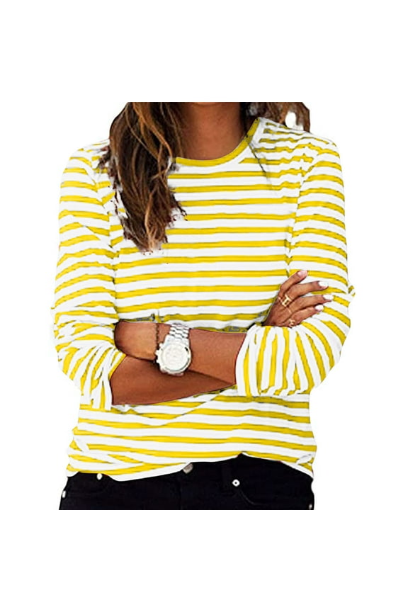 Women Long Sleeve Striped Tee Spring Plus Size Color Block Tops Crew Neck Casual Loose Fit Pullover Y2K Shirt Top Yellow,XXL
