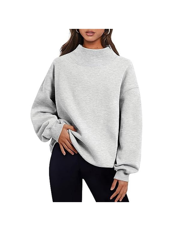 Women Mock Neck Sweatshirt Fall Oversized Turtleneck Pullover Slouchy Fleece Long Sleeve Sweater Tops Preppy Sweatshirts Gray,S