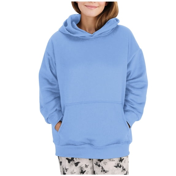 nerohusy Women Oversize Fleece Sweatshirt with Pocket Long Sleeve Pullover Solid Hooded Hoodie Plain Sky Blue,XL