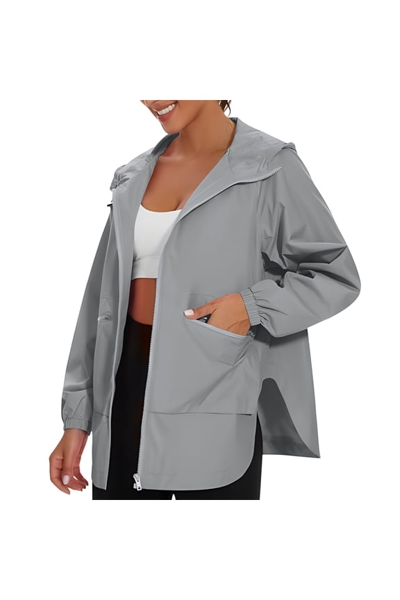 Women Rain Coat with Hood Waterproof Rain Jackets Windbreaker Jackets Travel Hiking Lightweight Package Zip Up Rain Coat Gray,XXL