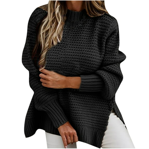 nerohusy Women Side Slit Sweater Cable Knitted Chunky Oversized Lantern Sleeve Crewneck Pullover Tops Loose Fit Fall Sweaters Black,XL