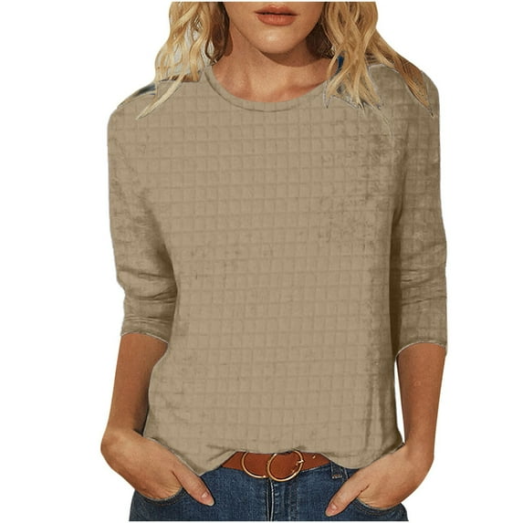 nerohusy Women Waffle 3/4 Sleeve Shirts Casual Solid Color Crew Neck Pullover Top Basic Dressy Loose Daily T-Shirts 2025 Spring Tunic Blouse Tops Khaki,XXXL