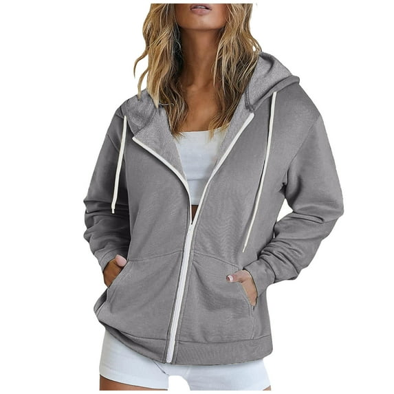 nerohusy Women Zip Up Hoodie Oversized Drawstring Sweatshirts Jacket 2025 Fall Fleece Long Sleeve Y2K Preppy Hoodies Gray,XXL