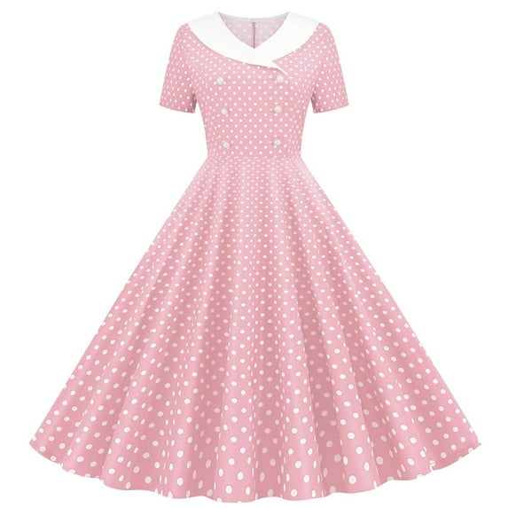 nerohusy Women's 1950s Vintage Prom Midi Dress Cocktail Swing Dresses Double Breasted Rockabilly Polka Dot Party Tea Dresses Gowns Pink,M