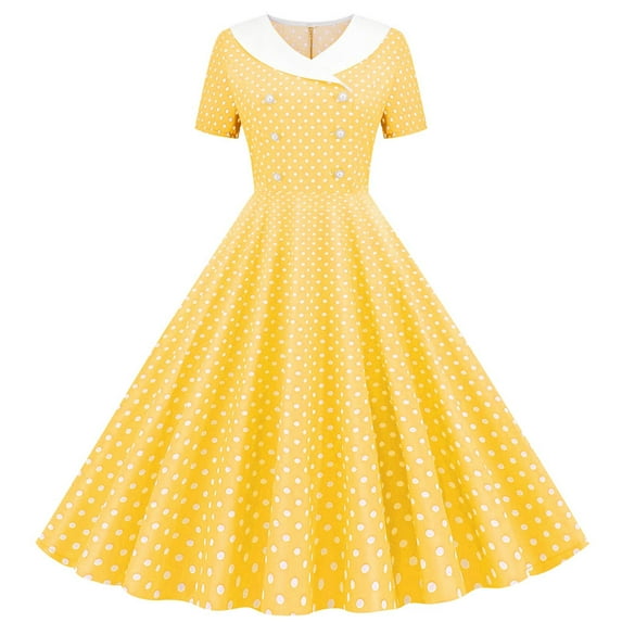 nerohusy Women's 1950s Vintage Prom Midi Dress Cocktail Swing Dresses Double Breasted Rockabilly Polka Dot Party Tea Dresses Gowns Yellow,XL