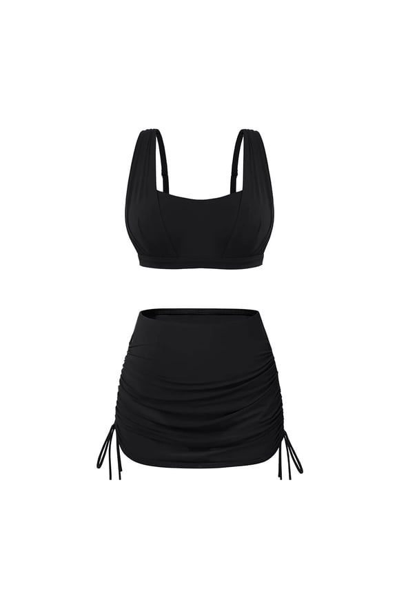 Women's 2 Piece High Waisted Bikini Set Square Neck Ruched Bust Swimsuit with Drawstring Skirt Bathing Suit,Black,L
