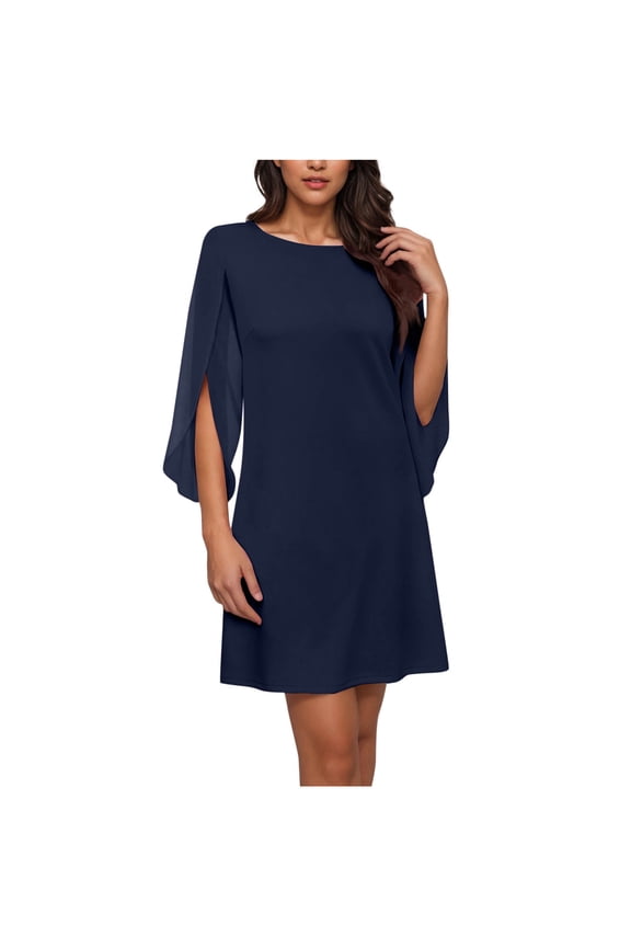 Women's 2025 Flutter Sleeve Cocktail Dress Elegant Dressy Trendy Crew Neck Chiffon Formal Wedding Guest Party Dresses 2025 Navy,XXL