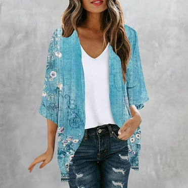 nerohusy Women's Cardigan Kimono Floral Print Puff Sleeve Kimonos Cardigans Lightweight Summer Loose Cover Up Casual Chiffon Blouse Tops 2024 Prime Day Deals Today Blue,L
