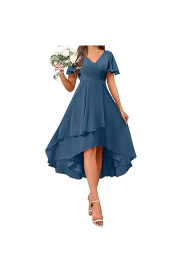 a-line v-neck knee-length chiffon cocktail dress with ruffle Ever-Pretty Graceful Short Sleeves Chiffon A-Line Knee-Length Budget Bridesmaid Dress