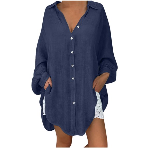 nerohusy Women's Cotton Linen T Shirts Long Sleeve Button Down Shirts Solid Color Flowy Long Length Tops 2025 Oversized Loose Blouses Navy,XXXXXL
