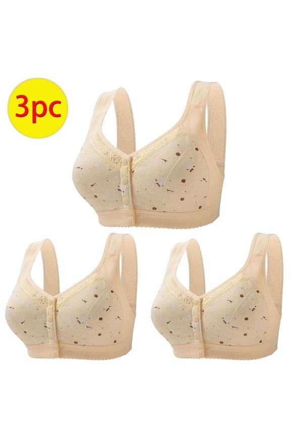 Women's Daisy Bra,Daisy Bra for Seniors Women Comfortable Lisa Charm Bras Front Snaps Full Coverage No Underwire Breathable Everyday Bra 3PCS,Khaki,XL