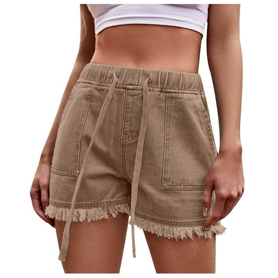 nerohusy Women's Denim Shorts Stretchy,Denim Shorts for Women Juniors Casual Summer Mid Rise Stretchy Ripped Cuffed Hem Tassels Jean Shorts with Pockets,Brown,XL