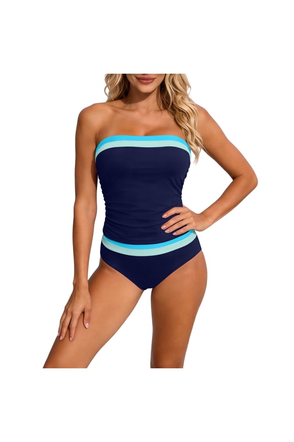 Women's Detachable Strap Bandeau Tankini Color Block Ruched Tank Top with High Waist Brief,Navy,XL