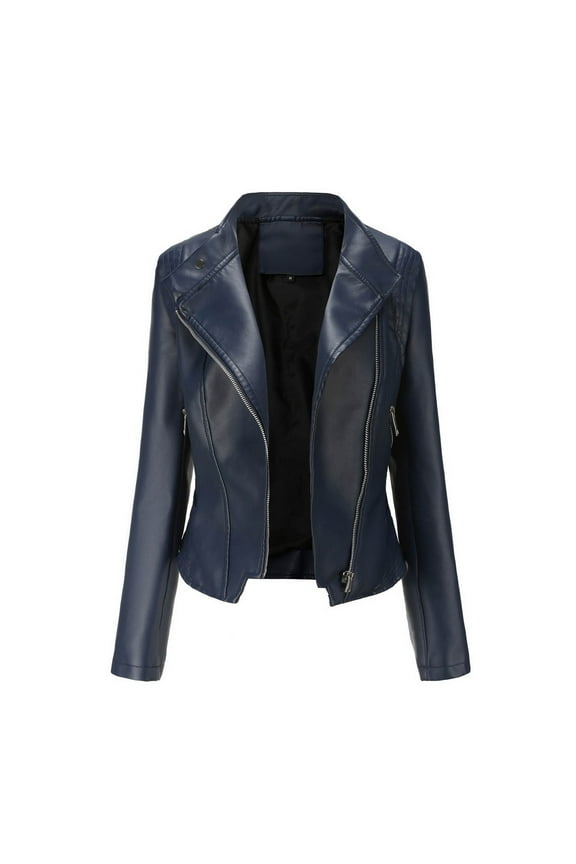 Women's Fall Leather Jackets 2024 Plus Size Faux Leather Jacket Long Sleeve Full Zip Crop Coat Outwear Motorcycle Coat Dark Blue,M