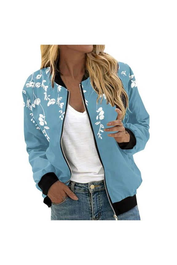 Women's Floral Bomber Jacket Jackets for Women 2024 Full Zip Bomber Jacket Lightweight Fall Winter Coats Long Sleeve Oversized Windbreaker Blue,M