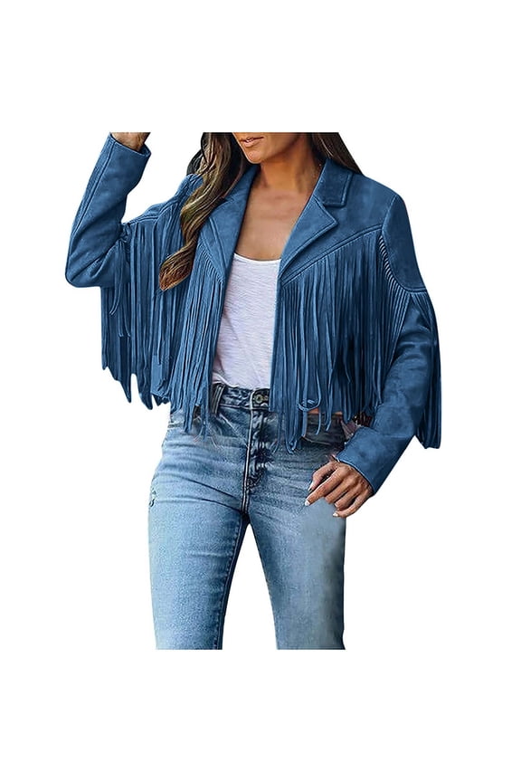 Women's Fringe Faux Suede Leather Jackets 2025 Spring Fall Long Sleeve Tassel Cropped Cowboy Coats Western Motorcycle Outfits Dark Blue,L