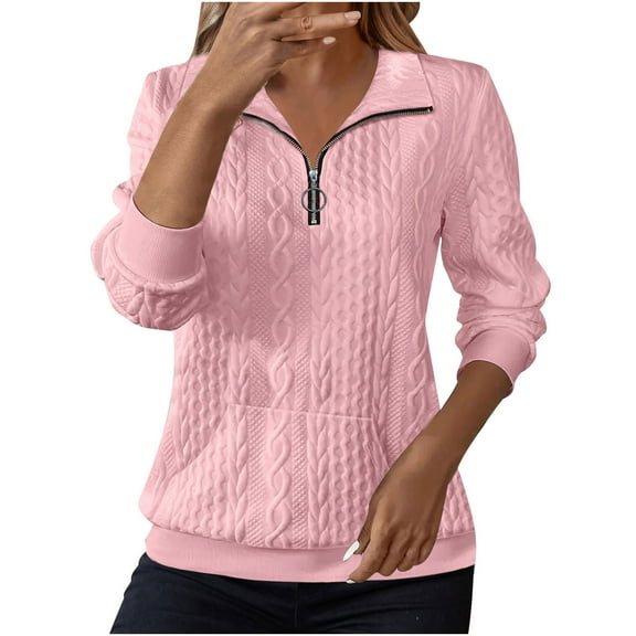 nerohusy Women's Half Zip Quilted Pullover Sweatshirts Stand Collar Long Sleeve Tops Textured Solid Casual Fashion Fall Sweaters Pink,L