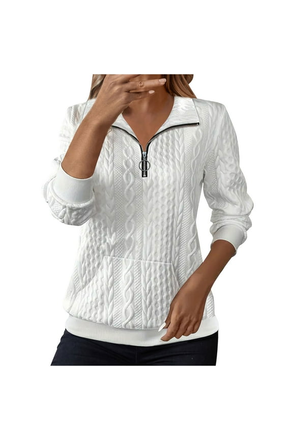 Women's Half Zip Quilted Pullover Sweatshirts Stand Collar Long Sleeve Tops Textured Solid Casual Fashion Fall Sweaters White,M