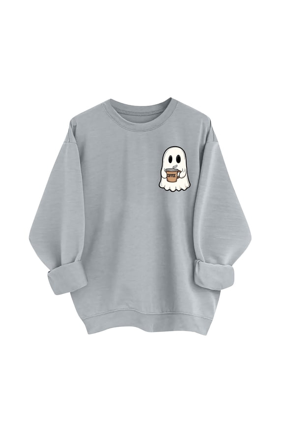 Women's Halloween Sweatshirt Funny Cute Ghost Graphic Print Pullover Oversized Long Sleeve Crewneck Casual Daily Wear Gray,XXL