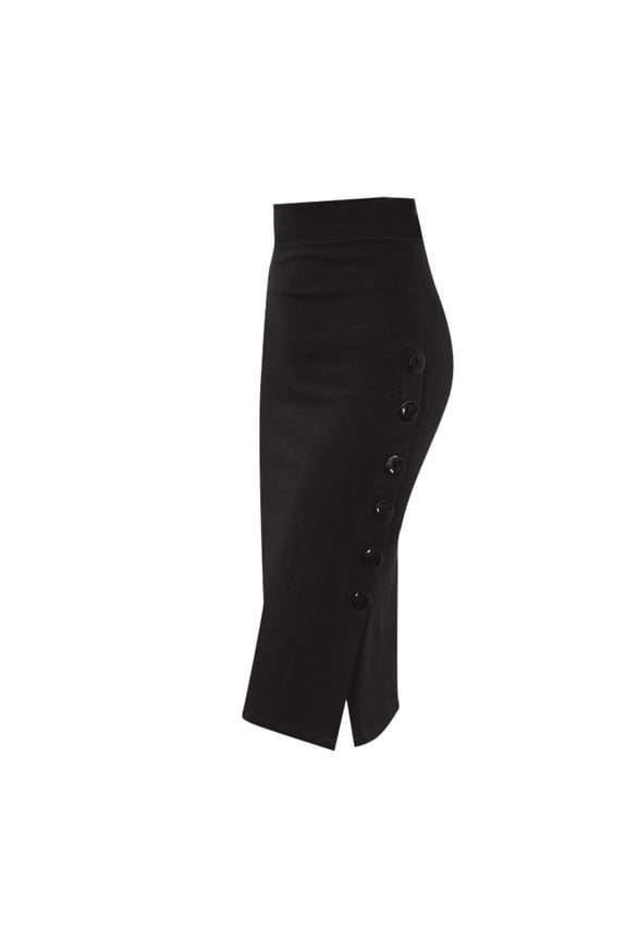 Women's High Waist Pencil Skirt Plus Stretch Side Split Button Bodycon Knee Length Straight Business Office Midi Skirts Black,XXL