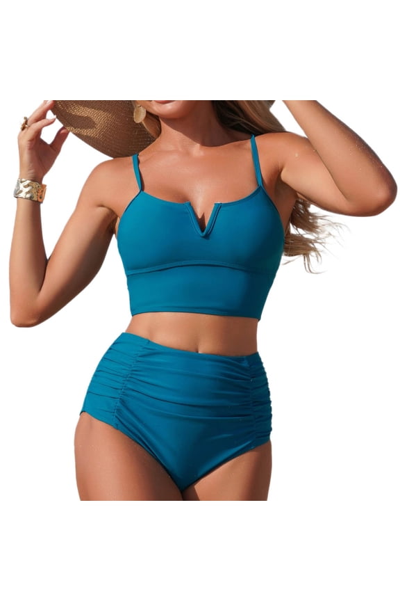Women's High Waisted Full Coverage Tummy Control Bikini Sets 2 Piece Modest Swimwear Bathing Suits,Blue,L