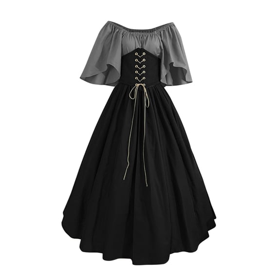 nerohusy Women's Medieval Victorian Dress Flare Sleeve Off Shoulder Medieval Dresses with Corset Patchwork Ball Gown 2025 Gray,L