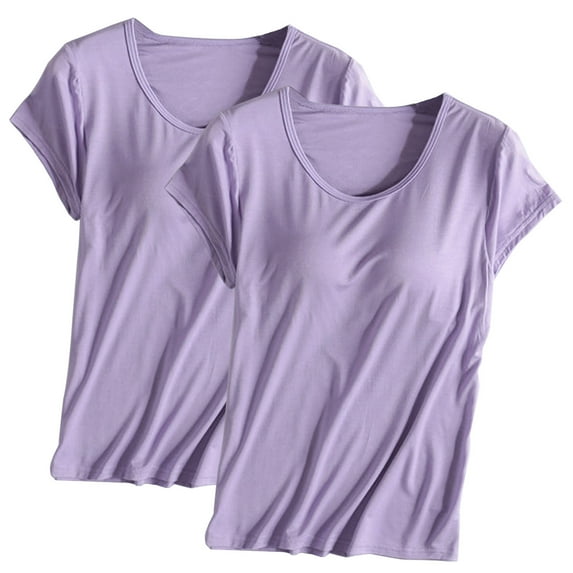 nerohusy Women's Modal Padded Built-in-Bra T-Shirts 2 Pack Short-Sleeve Crew Neck Wireless Bra Tops Tee Soft Comfy Workout Shirt Top 2025 Purple,L