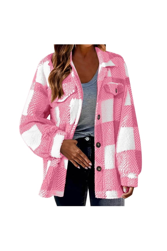 Shackets for Women 2024 Winter Warm Fuzzy Fleece Sherpa Plaid Shirt Jackets Plus Size Button Down Long Sleeve Coats Hot Pink,XXXL