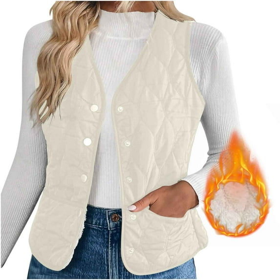 nerohusy Women's Quilted Vest Petite V Neck Fleece Puffer Vest Slim Fit Button Down Padded Gilet Sleeveless Outerwear Coat 2025 Beige,M