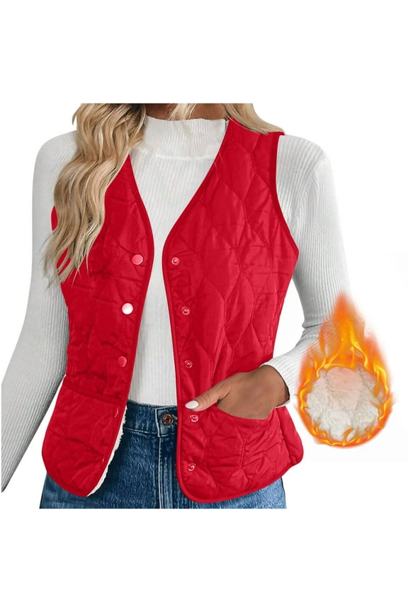 Women's Quilted Vest Petite V Neck Fleece Puffer Vest Slim Fit Button Down Padded Gilet Sleeveless Outerwear Coat 2025 Red,XL