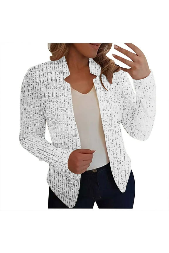 Women's Sequin Blazer Jacket Cocktail Party Open Front Sparkly Cardigan Glitter Sparkle Coats Business Casual Suit White,XXL