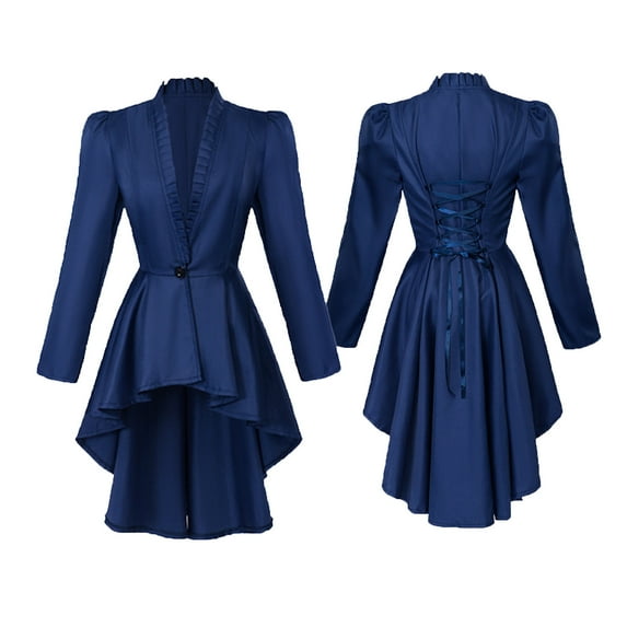 nerohusy Women's Steampunk Victorian Jacket Coat Dresses Medieval Vintage Gothic Tailcoat Long Sleeve Tuxedo Shirt Dress Blue,XL