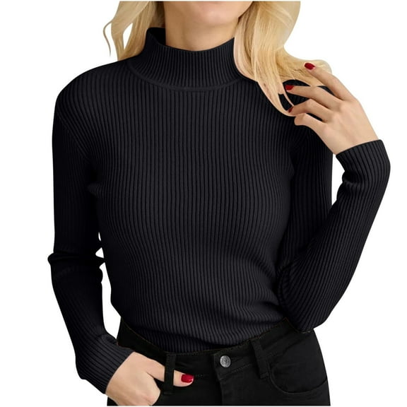 nerohusy Women's Thermal Slim Fit Turtleneck Sweater Ribbed Long Sleeve Pullover Casual Knit Top Black,Free Size