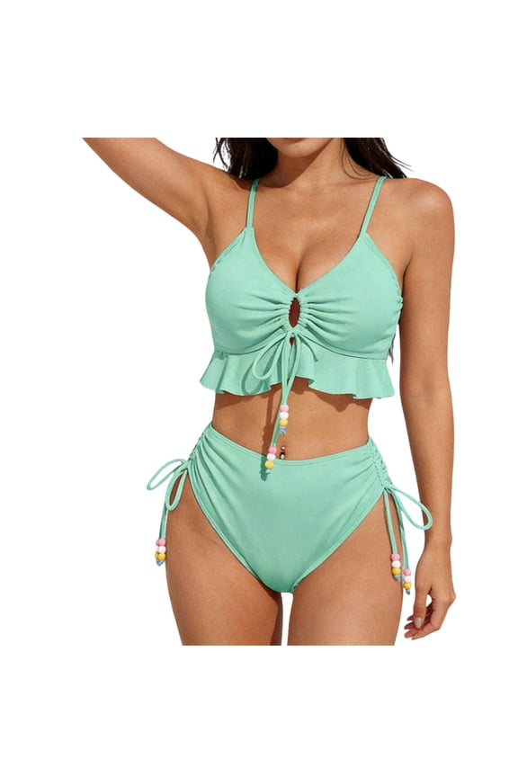 Women's Two Piece Swimsuit Ruffle High Waisted Bikini Sets Halter Bathing Suit with Drawstring Swimwear,Mint Green,L